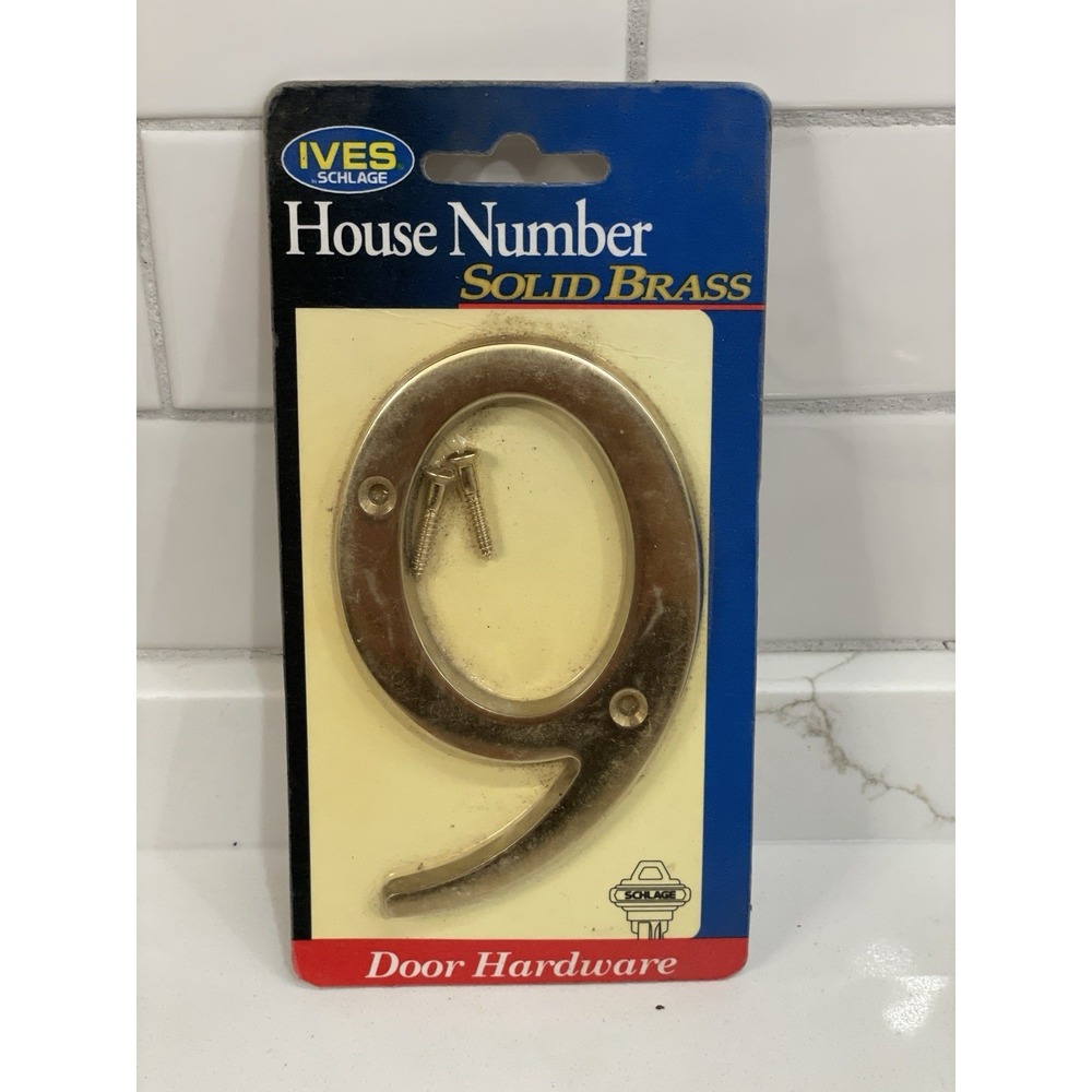 IVES SCHLAGE Solid Brass House Number 9 Nine Install Ready Retro New Sealed